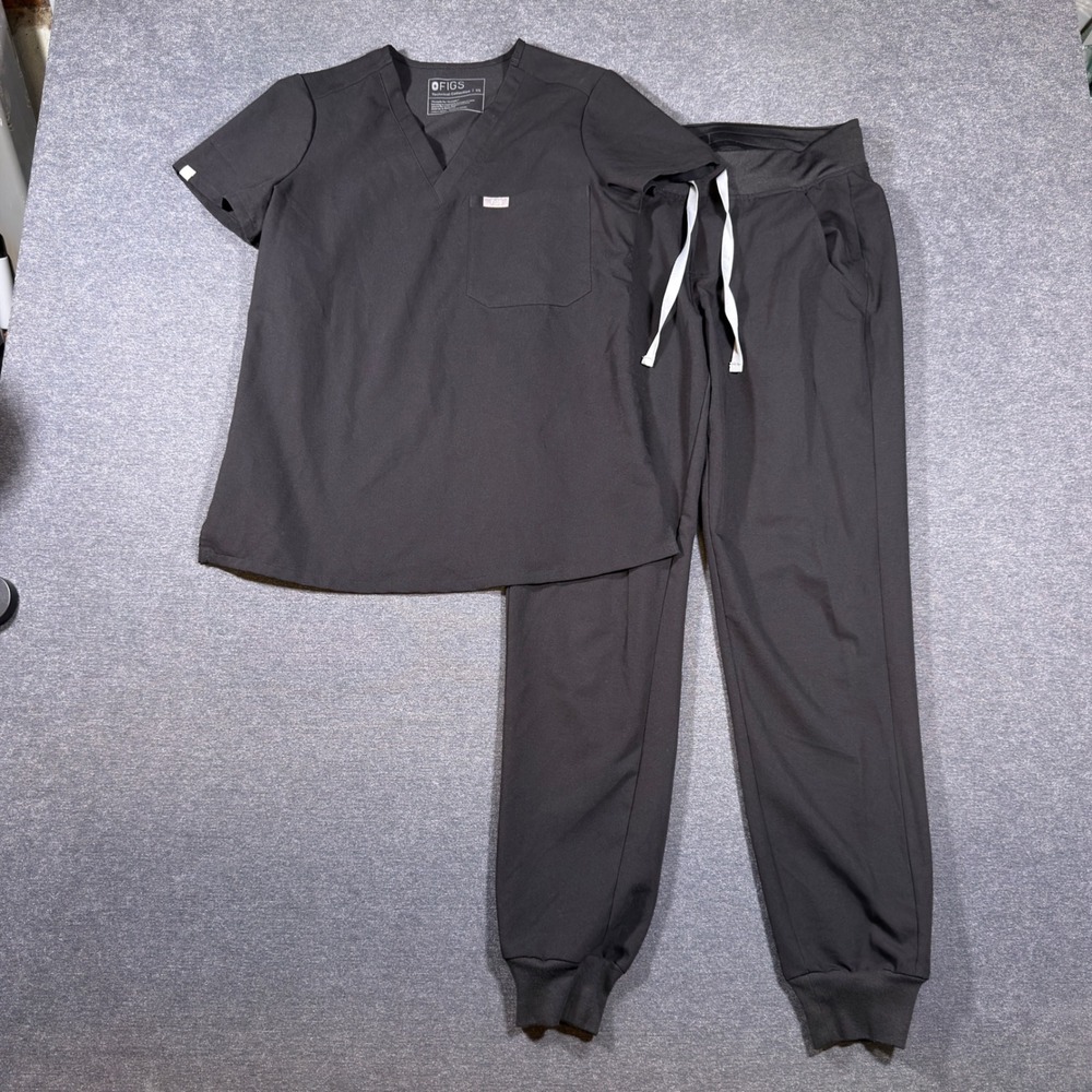 Figs Scrub Set Women XS Black Technical Collection V-Neck Top Zamora Jogger Pant